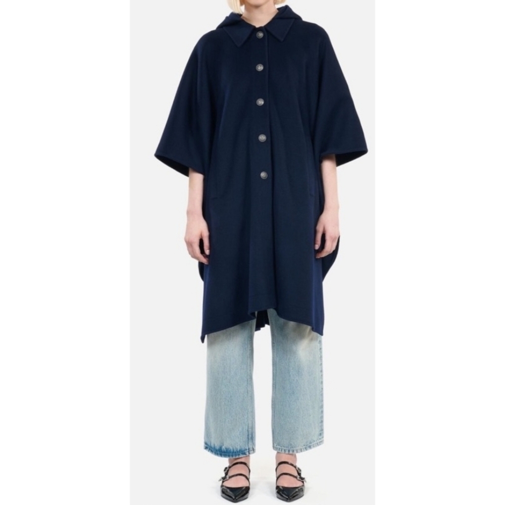 The Kooples Navy Blue Long Hooded Wool Blend Cape Poncho One Size Fits Most NWT